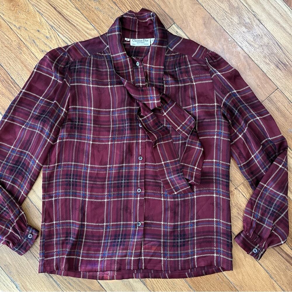 Vintage Christian Dior Sportswear Burgundy Plaid Silk Pussybow Blouse Size 6